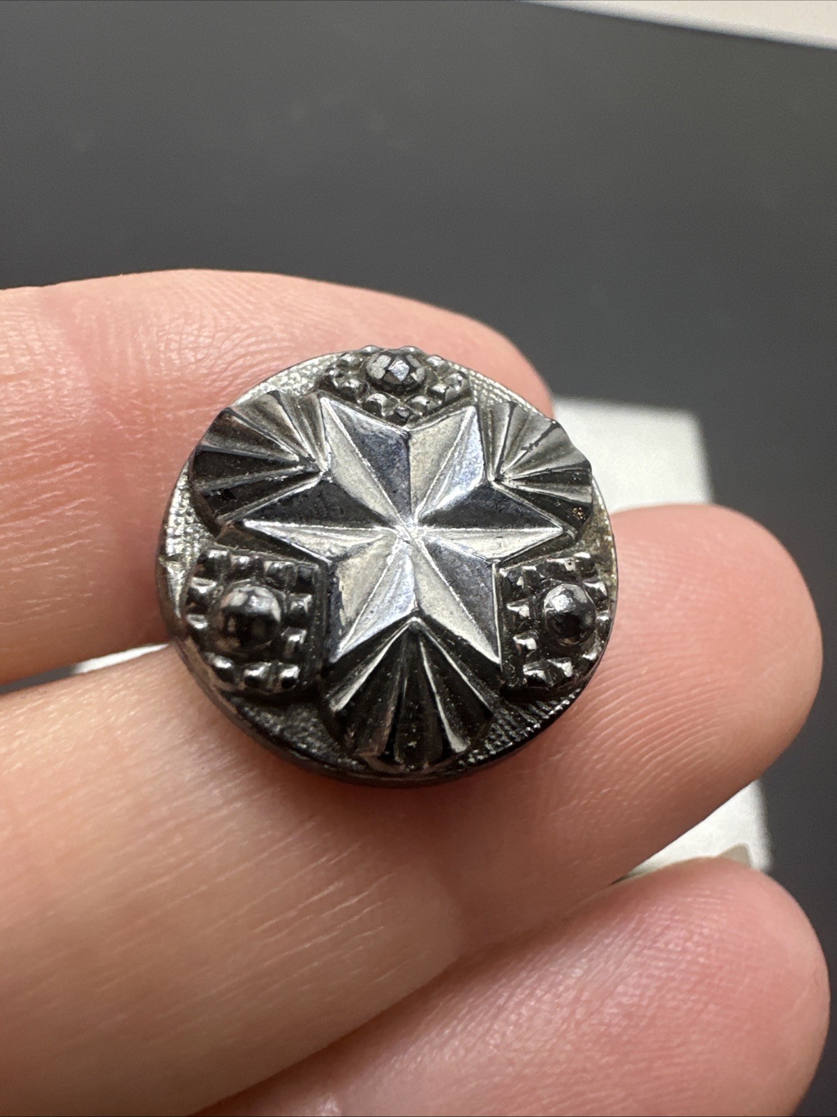 Antique Vintage Black Glass Buttons Shank Star Clam Floral Silver Design Set 7