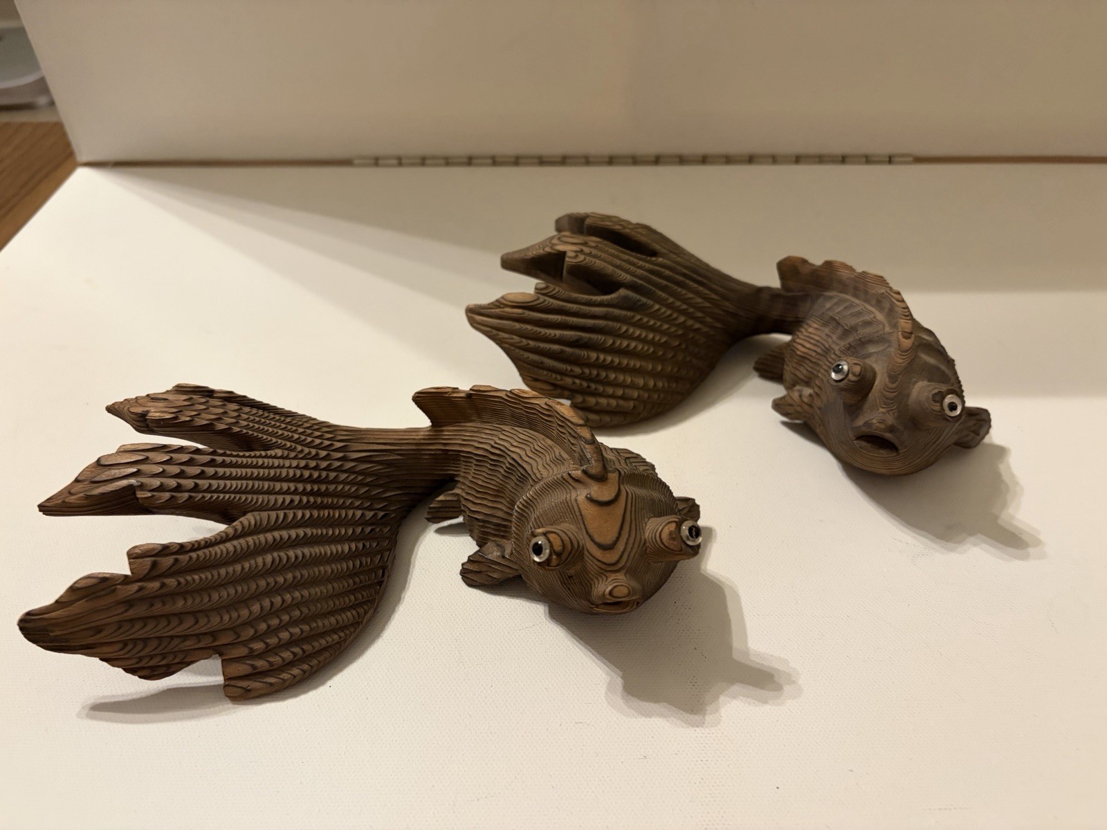 Vintag Japanese hand-carved wood goldfish sculptures Vintag Japanese hand-carved wood goldfish sculptures
