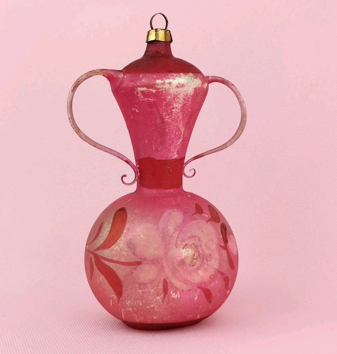 Antique Pink Delicate Vintage Blown Glass VASE URN Ornament Hand Painted Flower 
