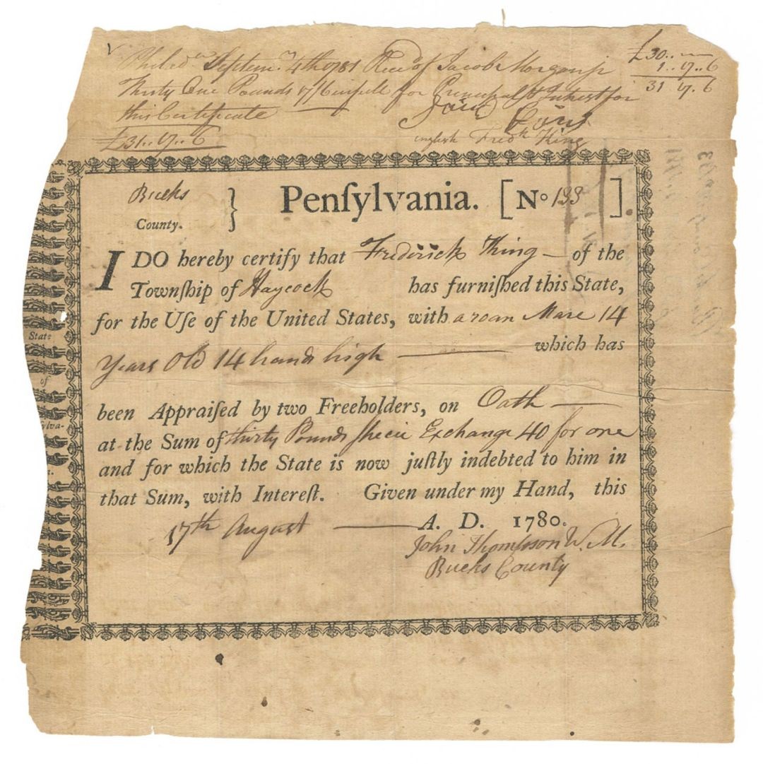 1780 dated Pennsylvania Document Loaning Horse - Colonial Bonds - Colonial Bon