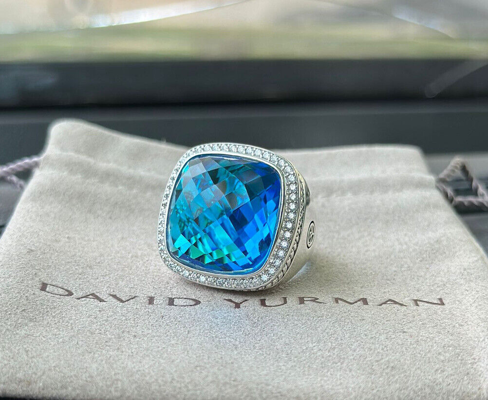 David Yurman Sterling Silver Albion 20mm Blue Topaz & Diamond Ring Size 8