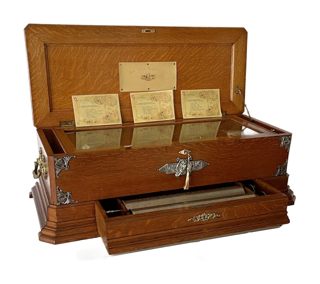 HUGE ANTIQUE SWISS  MUSIC BOX WITH 3 INTERCHANGEABLE CYLINDERS BY MERMOD FRERES