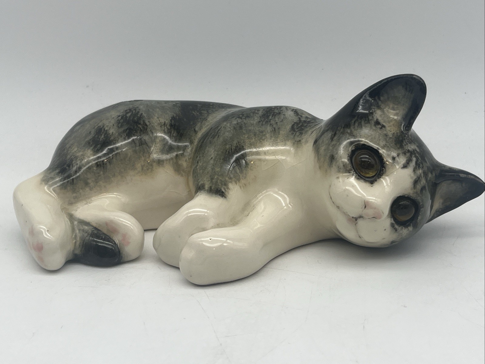 Vintage Winstanley Cat Size 1 Tabby Kitten Lying on Back Glass Eyes Saks Label 