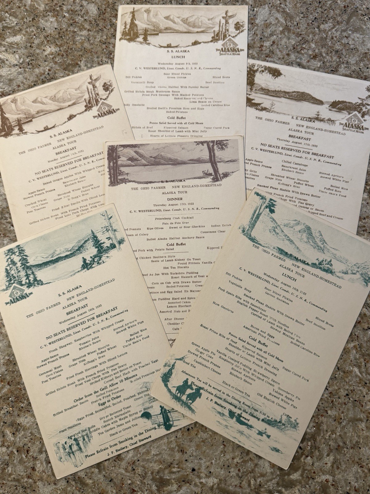 Vintage Alaska Cruise Line MENUS August 1933 SS ALASKA Lot of 6 Seattle Skagway