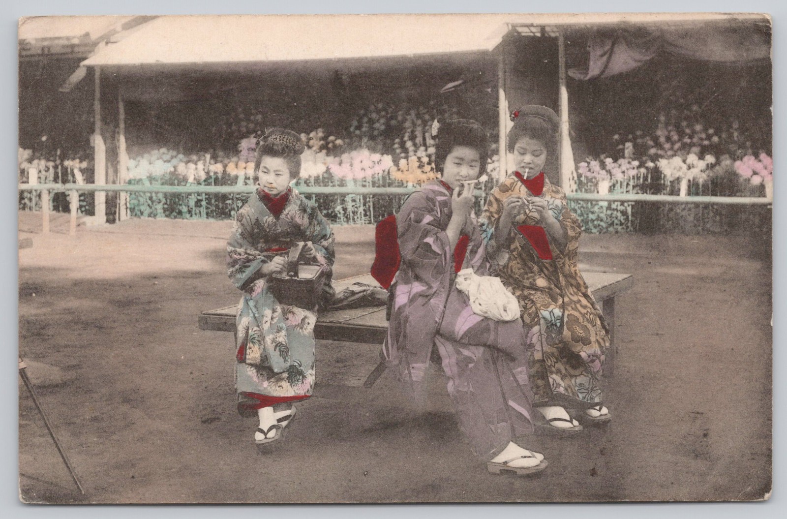 Japanese Geisha Girls Smoking Hand Tinted Kimono Scene Japan 1912 Postcard