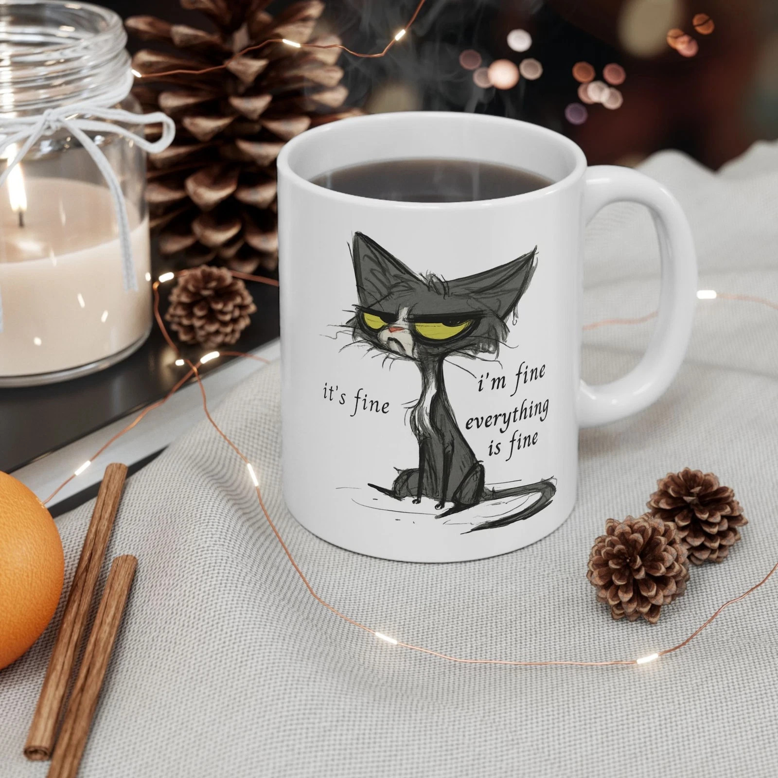 Funny Cat Mug 11oz - ' It's Fine , I'm Fine ' Sarcastic Coffee Cup Gift