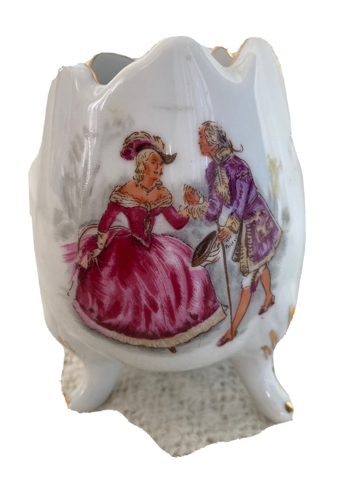Arnart Footed Egg Shaped Victorian Man & Woman Vase Gold Trim 4.5 in
