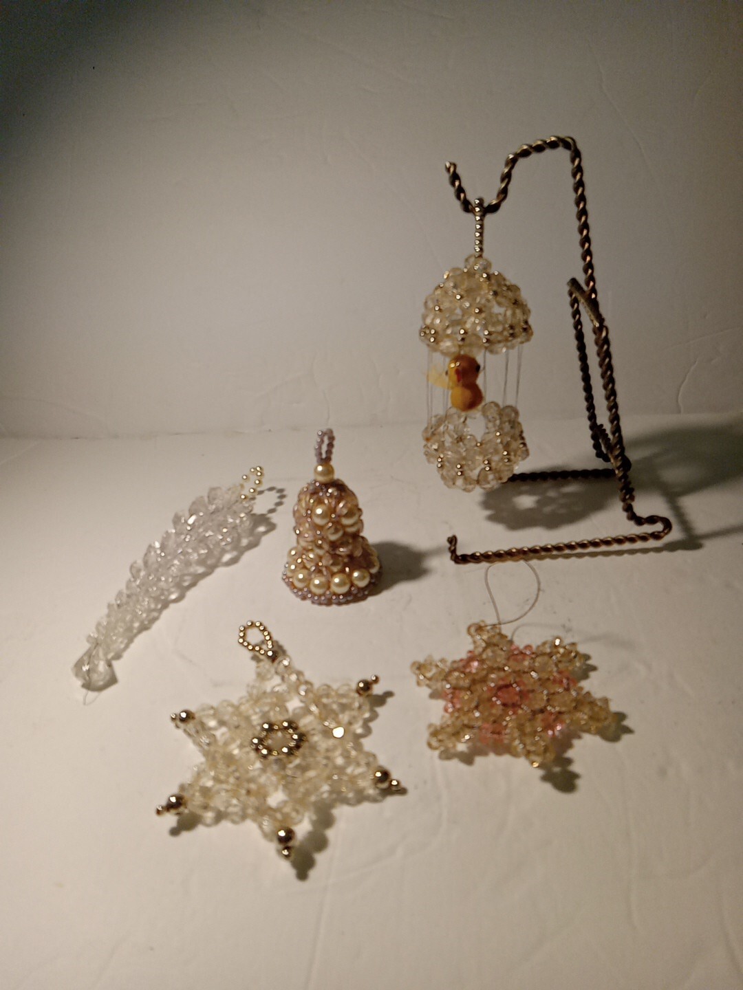 Vtg. HAND CRAFTED Plastic BEADED Christmas Ornament LOT Bird Cage Bell Icicle 5 Vtg. HAND CRAFTED Plastic BEADED Christmas Ornament LOT Bird Cage Bell Icicle 5