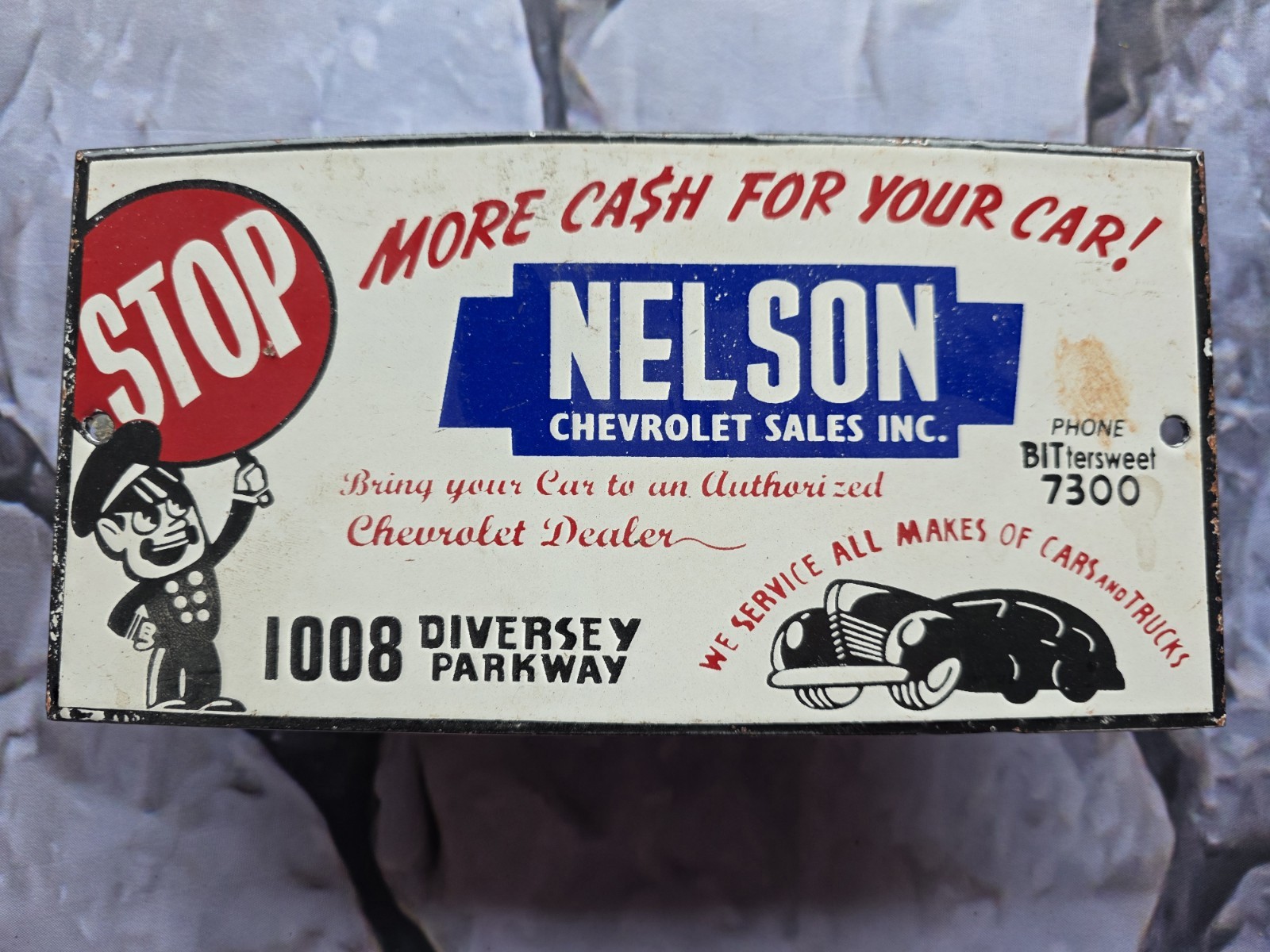 VINTAGE NELSON CHEVROLET SALES INC PORCELAIN SIGN GAS OIL TRUCK 10 VINTAGE NELSON CHEVROLET SALES INC PORCELAIN SIGN GAS OIL TRUCK 10