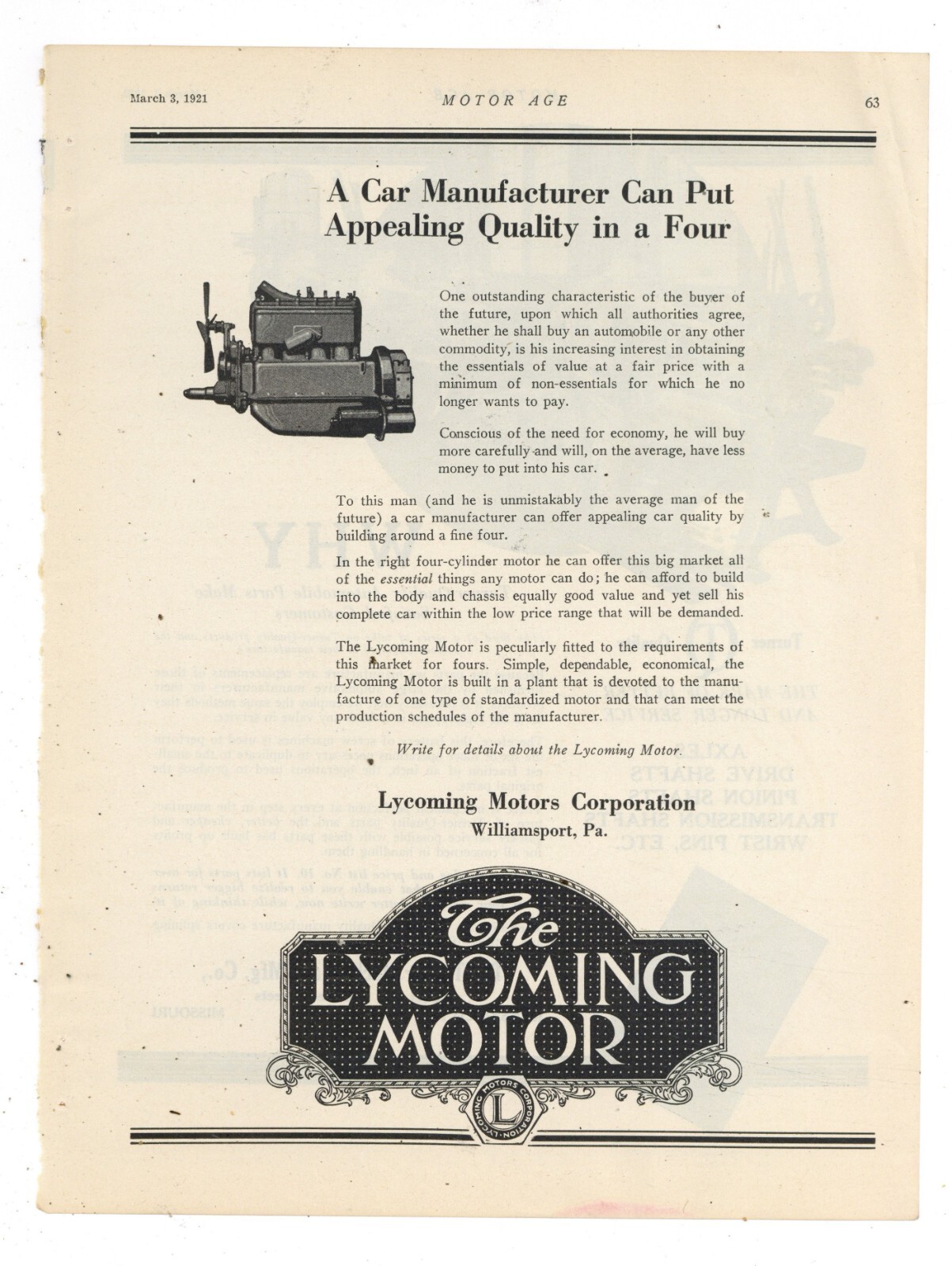 1921 Lycoming Motors Co. Ad: Appealing Quality in a Four Cylinder - Williamsport