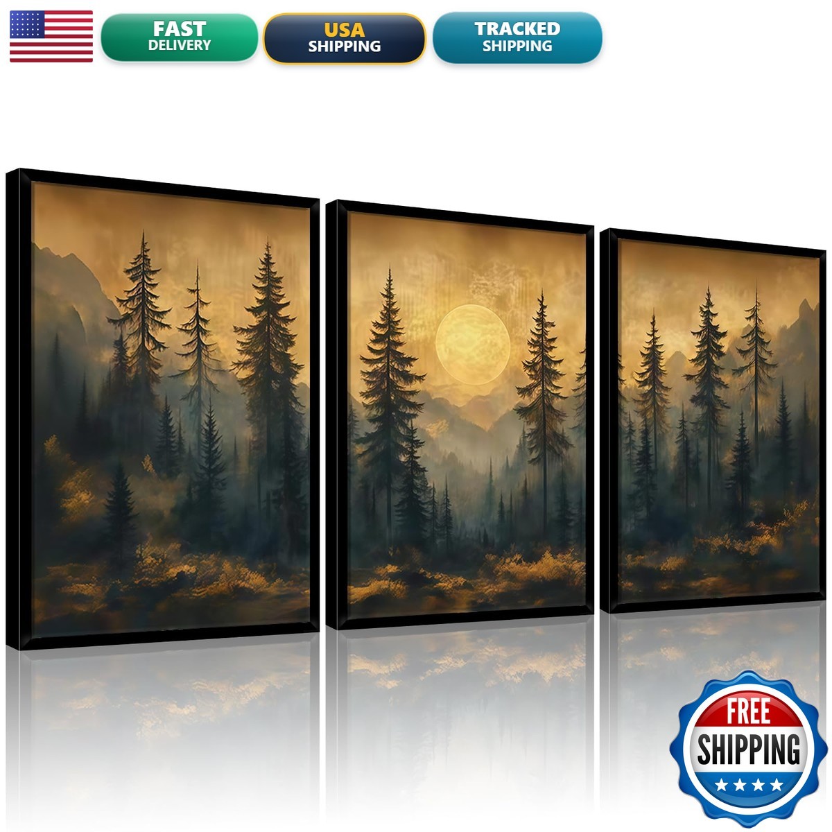 Omerecal Framed 3pcs Pine Forest Full Moon Canvas Prints 12x16 Inch Omerecal Framed 3pcs Pine Forest Full Moon Canvas Prints 12x16 Inch