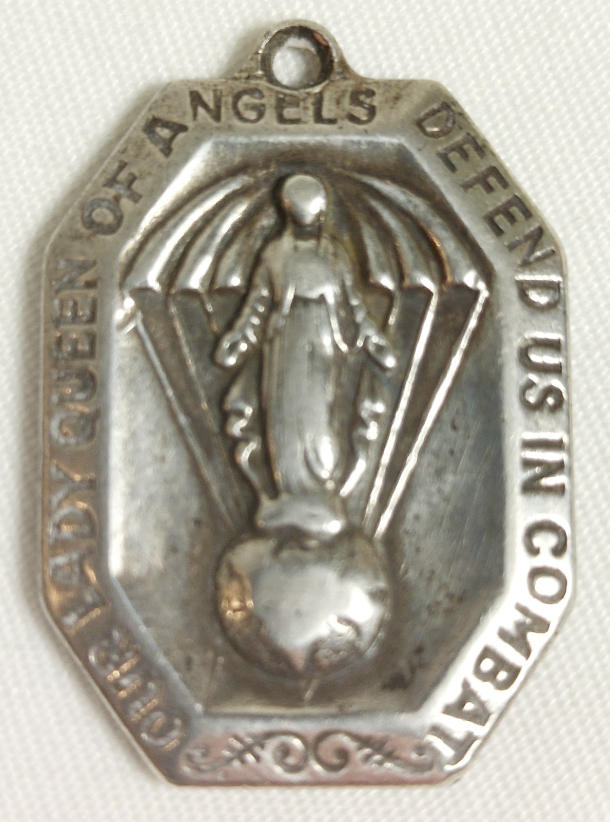 Vintage STERLING Military Pendant OUR LADY QUEEN of ANGELS Paratrooper Medal 925