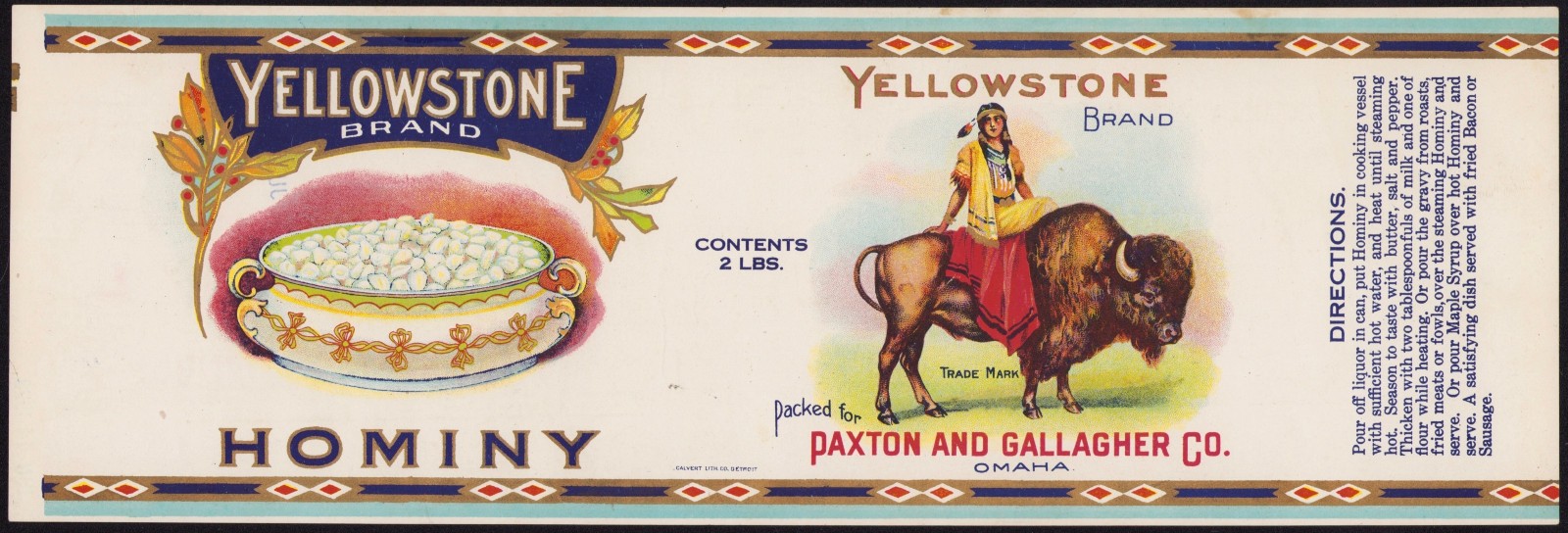 YELLOWSTONE brand HOMINY antique can label 1923 Omaha Nebraska Calvert Litho YELLOWSTONE brand HOMINY antique can label 1923 Omaha Nebraska Calvert Litho