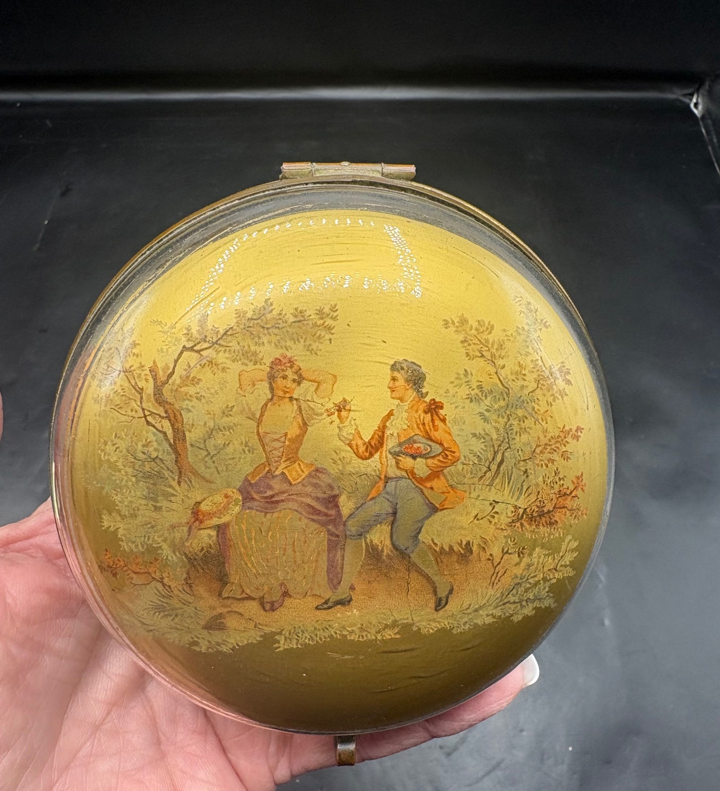 Antique French Brass & glass trinket box- courting scene gold gilded 1890’s Antique French Brass & glass trinket box- courting scene gold gilded 1890’s