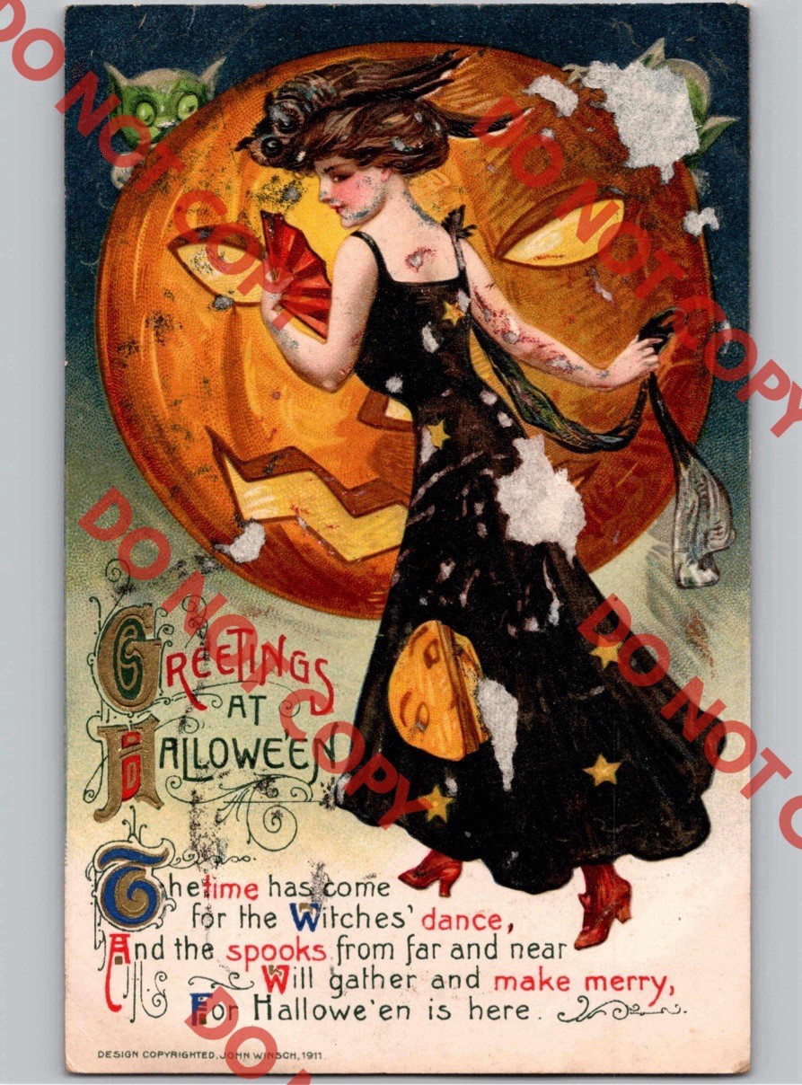 c1911 Beautiful Woman Halloween Greetings JOL Moon Jack O Lantern JOHN WINSCH