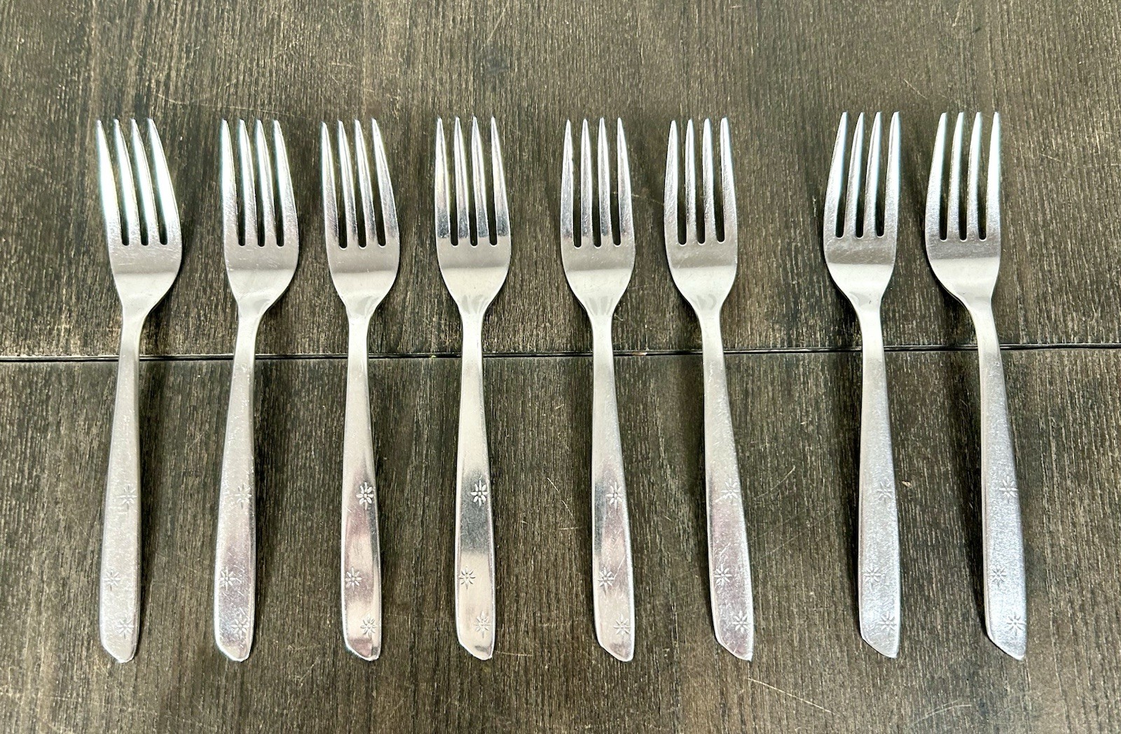 Vtg Superior Stainless Night Sky Silverware 8 Pc. Forks USA Starburst Atomic MCM
