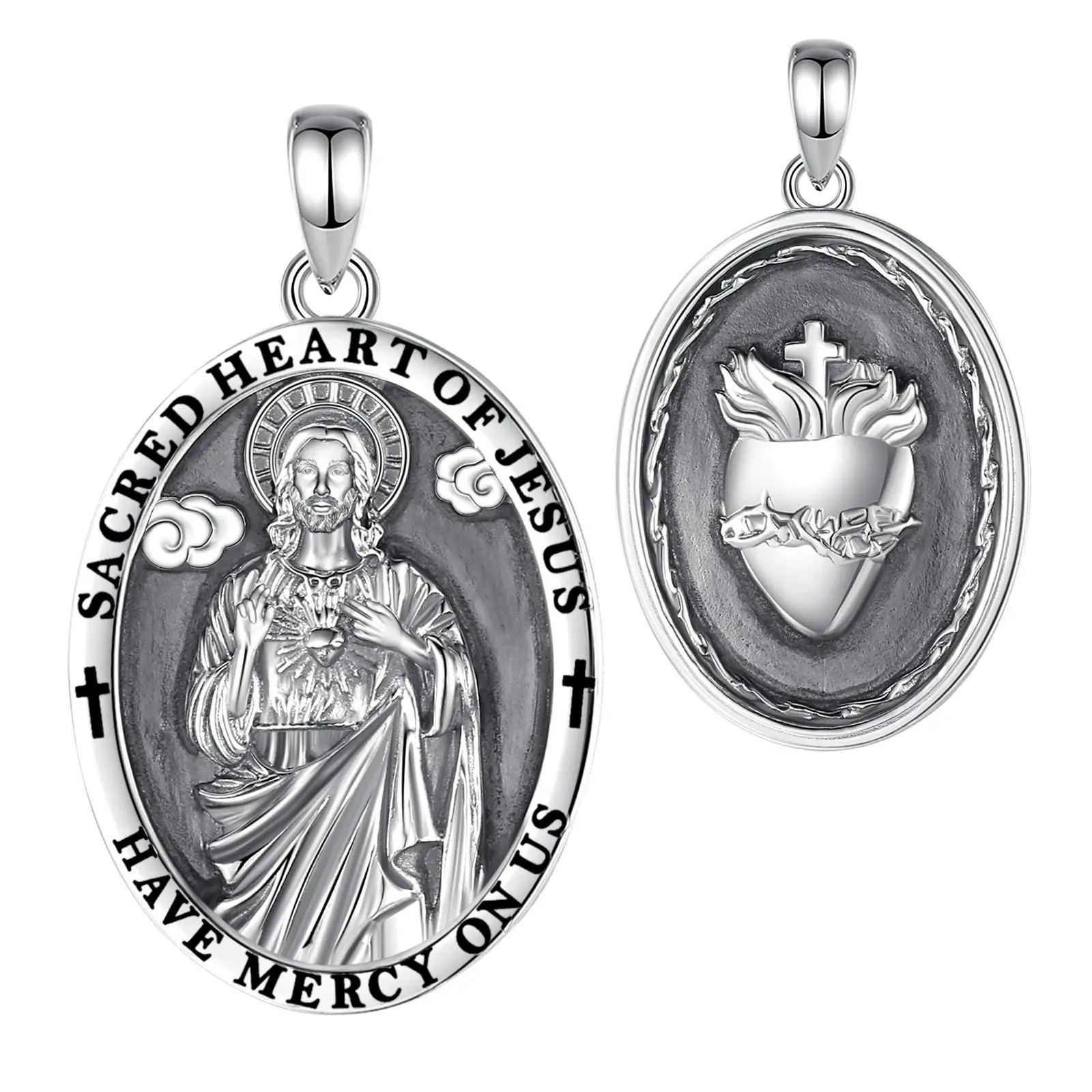Mens Jesus Sacred Heart Cross Pendant Christian Amulet 925 Silver Fine Jewelry