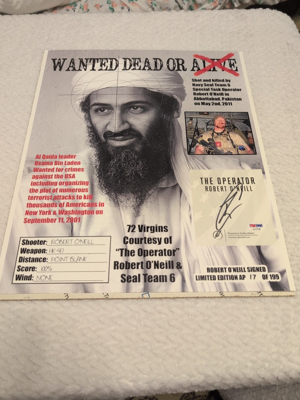 Robert O'Neill Signed Autographed 13 x 16 Photo Navy Seal Bin Laden PSA COA