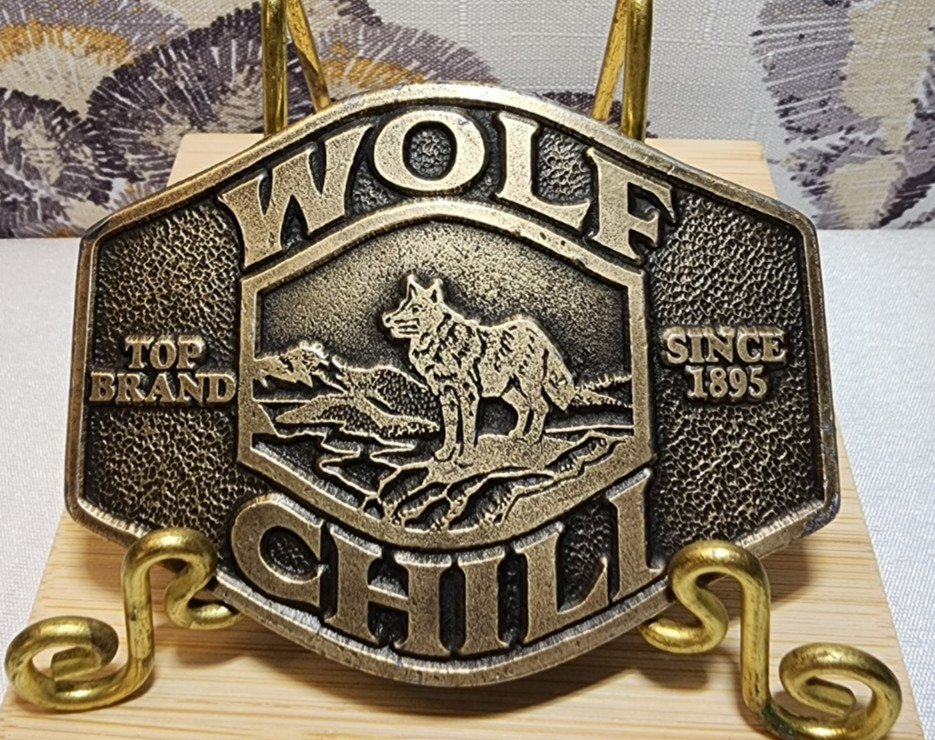 Vintage 1976 Wolf Brand Chili Brass Belt Buckle Corsicana Texas Advertising