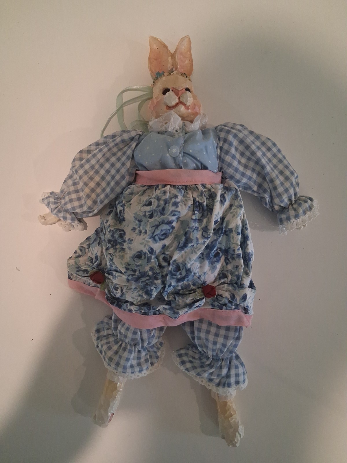 VTG 1990s Easter Bunny Doll Folk Art Ceramic Blue Dress Gingham Shelf Sitter 15 VTG 1990s Easter Bunny Doll Folk Art Ceramic Blue Dress Gingham Shelf Sitter 15