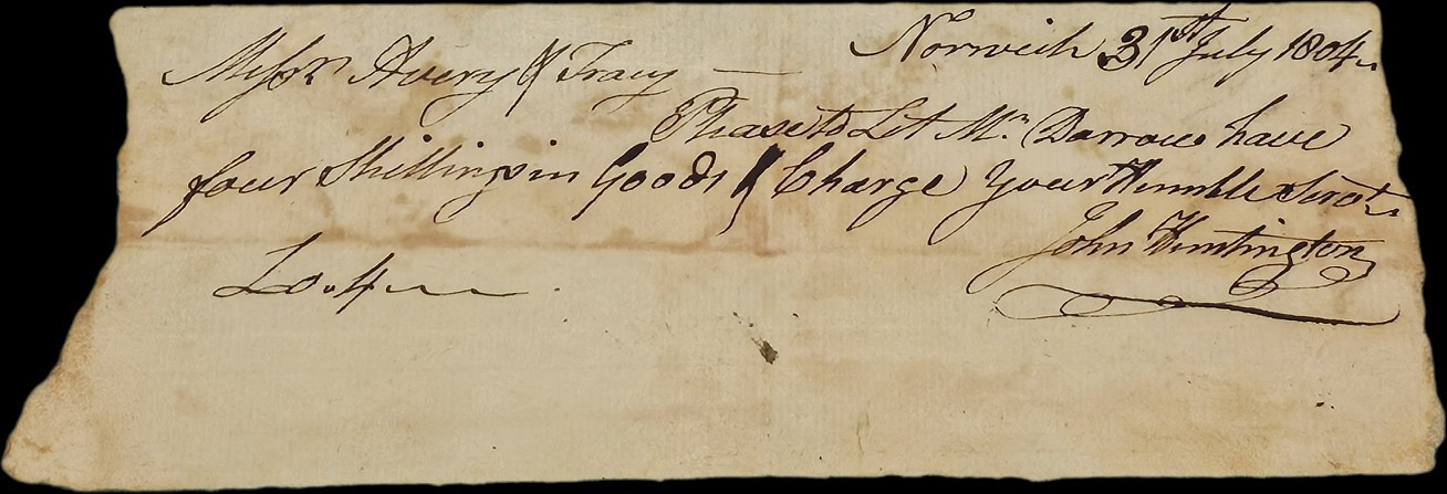 1804 Norwich CT Credit Note Huntington to Tracy re Darrow Family