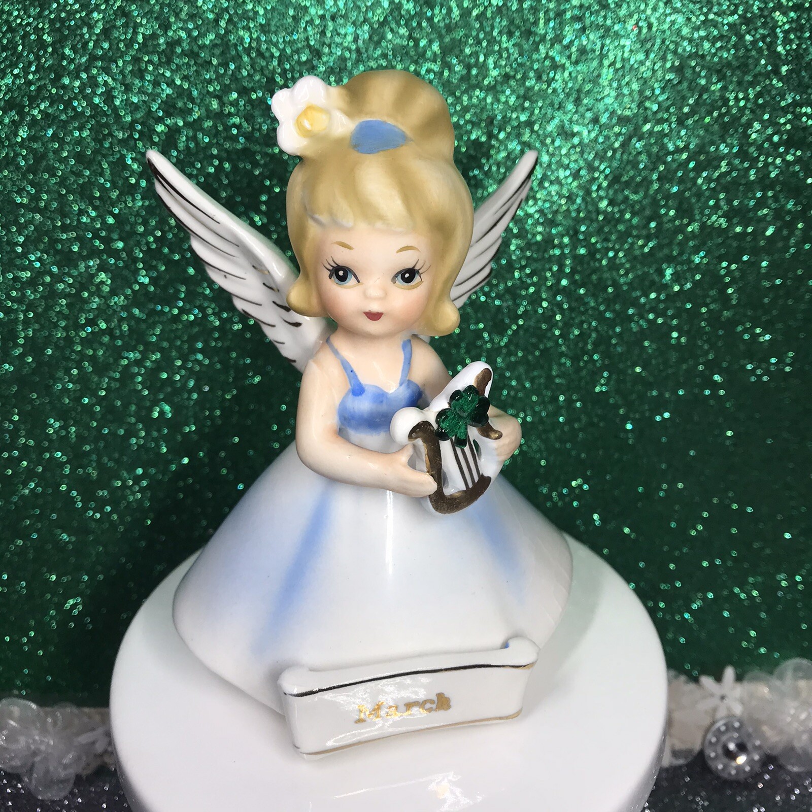 Vtg Nanco March Angel Girl Holding Lyre Harp W Shamrock St Patricks Day Japan