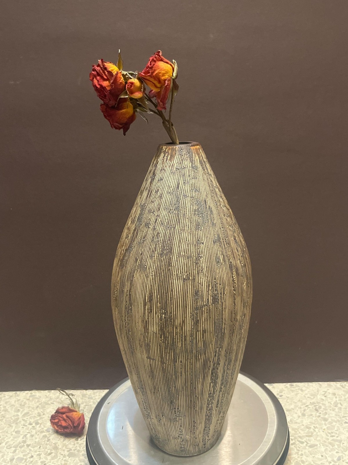 Vintage 9.5” Ribbed Ceramic Vase | Brown & Gold Textured Pottery Bud Vase | Orga Vintage 9.5” Ribbed Ceramic Vase | Brown & Gold Textured Pottery Bud Vase | Orga