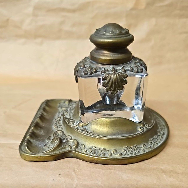 Victorian W Sch William Schaefer  1899 Antique Brass/Glass Inkwell Hoboken N.J