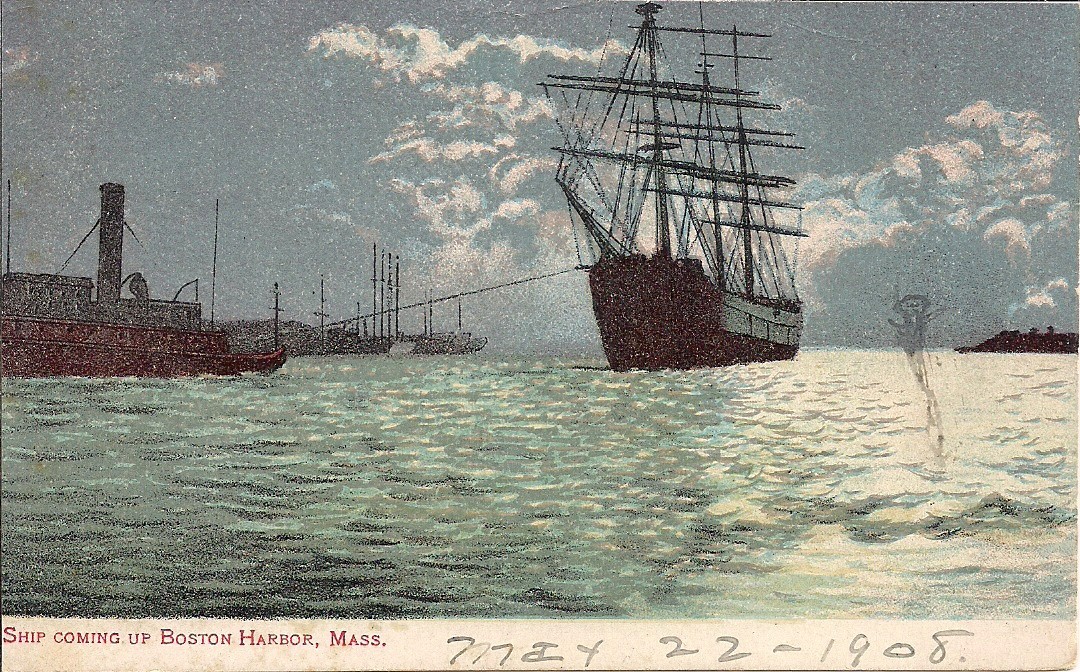 Boston MA 1908 Sailing Ship Coming Up Boston Harbor at Twilight, Massachusetts Boston MA 1908 Sailing Ship Coming Up Boston Harbor at Twilight, Massachusetts