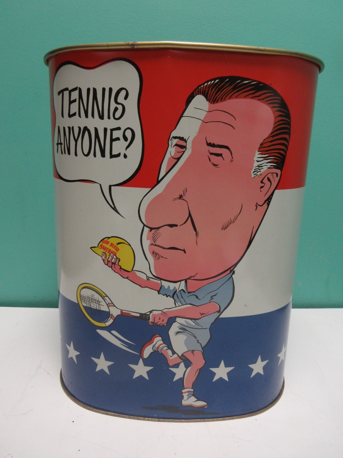 Vintage 1970 Vice President Spiro Agnew Tennis Anyone Metal Trash Garbage Can