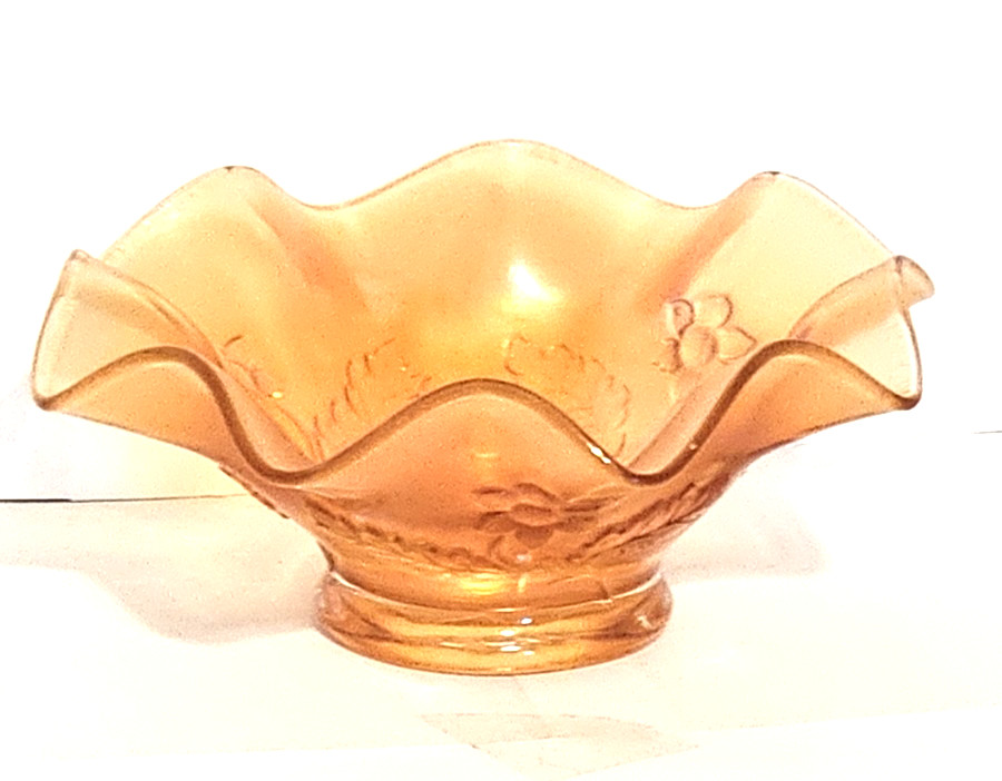 VTG Dugan Carnival Glass Bowl Marigold Daisy Leaf Width 6.5 in VTG Dugan Carnival Glass Bowl Marigold Daisy Leaf Width 6.5 in