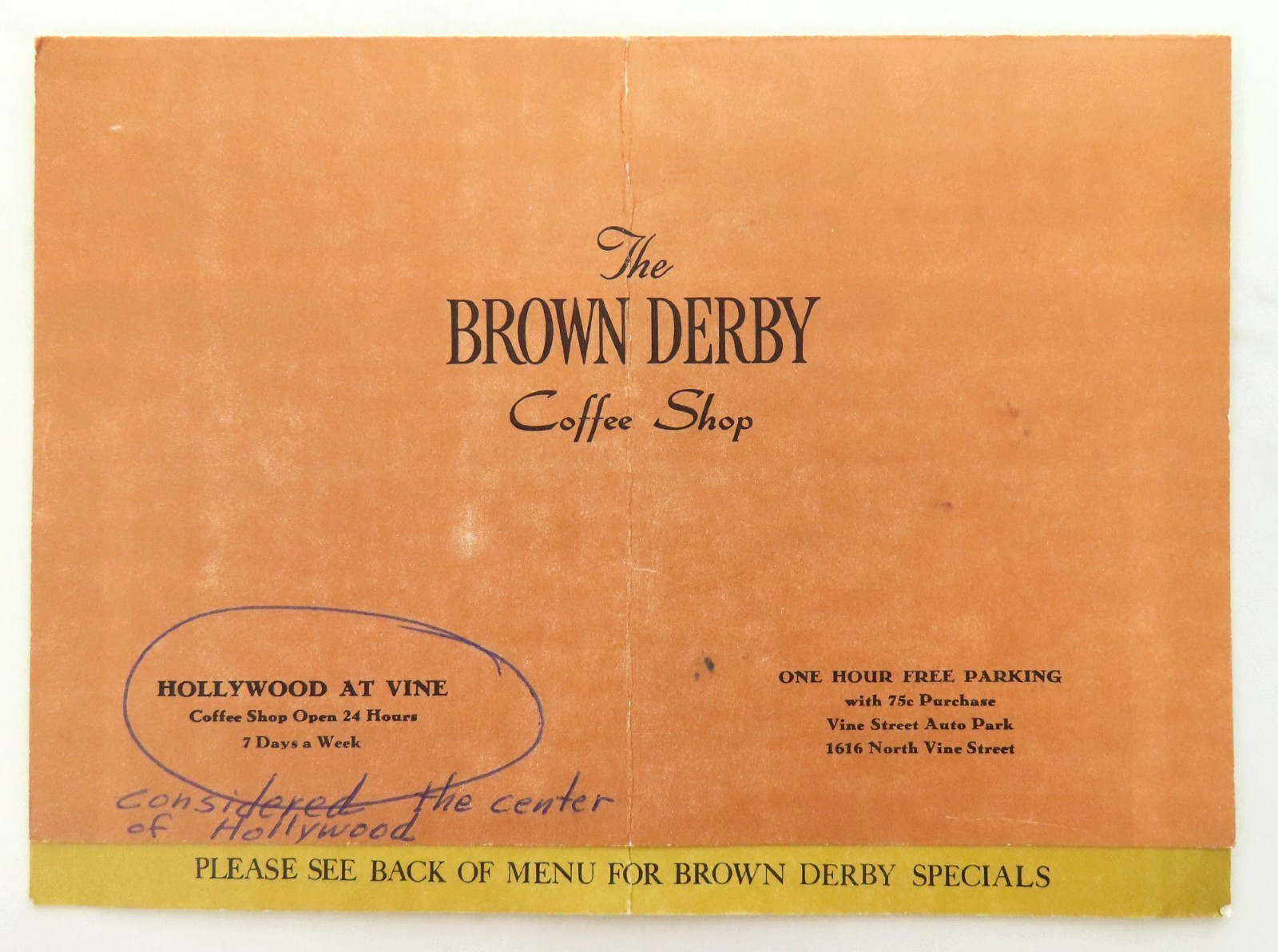The Brown Derby Coffee Shop Menu Vintage Restaurant Hollywood At Vine California The Brown Derby Coffee Shop Menu Vintage Restaurant Hollywood At Vine California