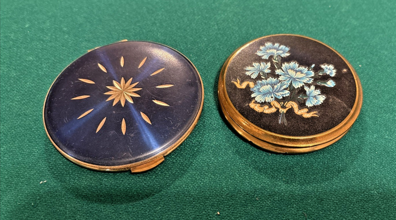 2 VTG 50's Enamel Compacts: NOS KIGU of London Blue Enamel + Blue Floral