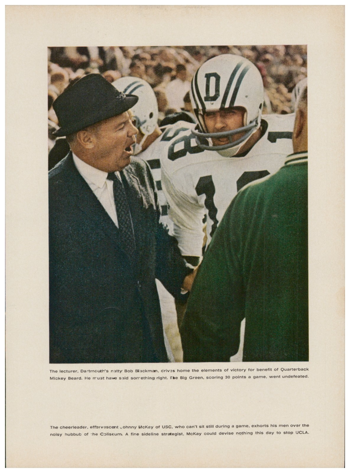 1966 Vtg Print Ad Dartmouth QB Mickey Beard Coach Bob Blackman Historical Art