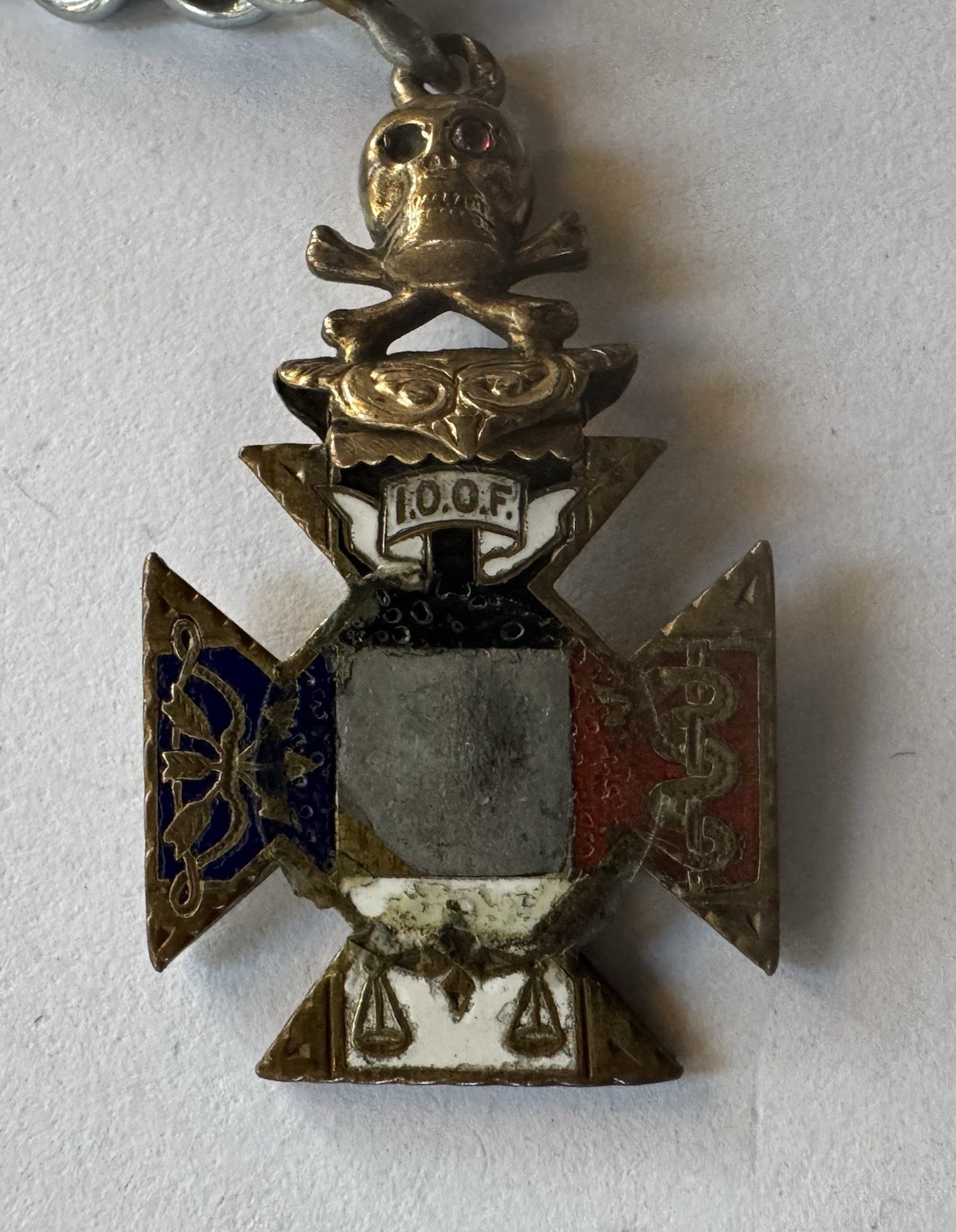 Antique IOOF Odd Fellows Skull Crossbones Enamel Watch Fob Fraternal Chain