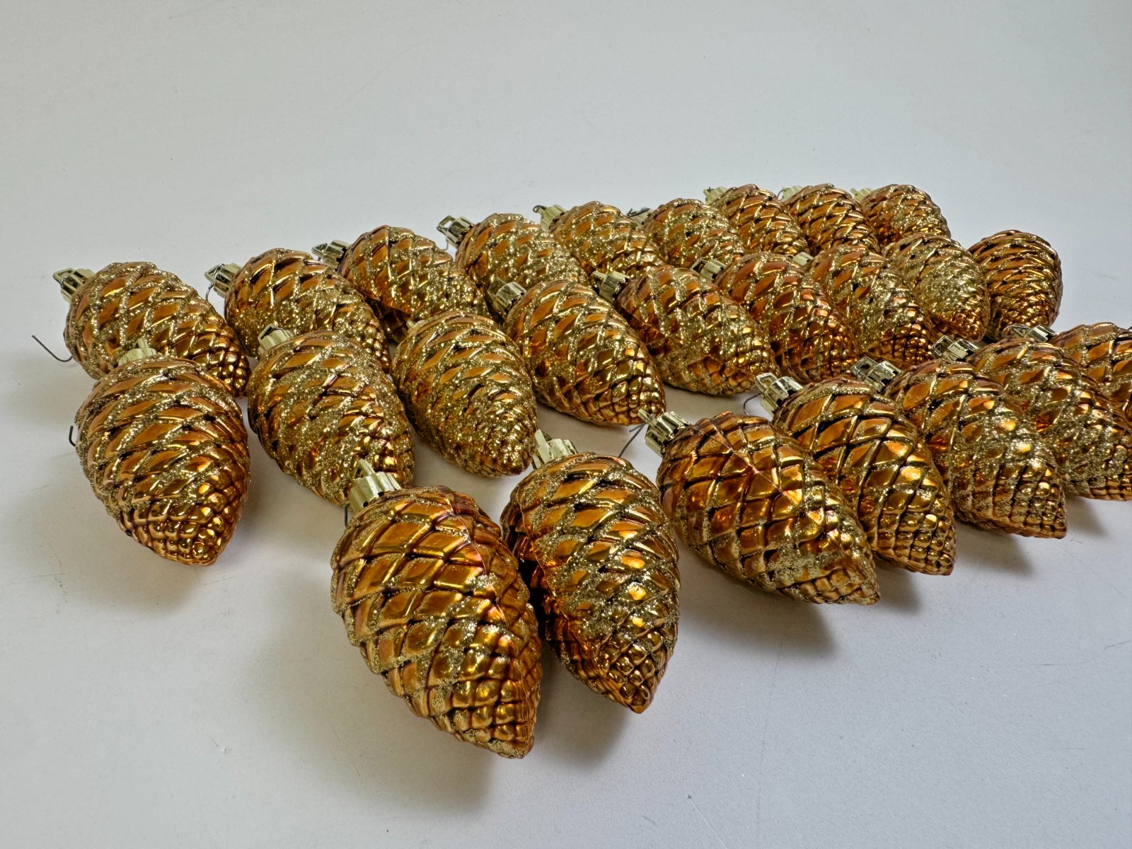 Vintage Glass Glitter Pinecone Christmas Ornaments, Lot of ~24, Amber Gold Vintage Glass Glitter Pinecone Christmas Ornaments, Lot of ~24, Amber Gold