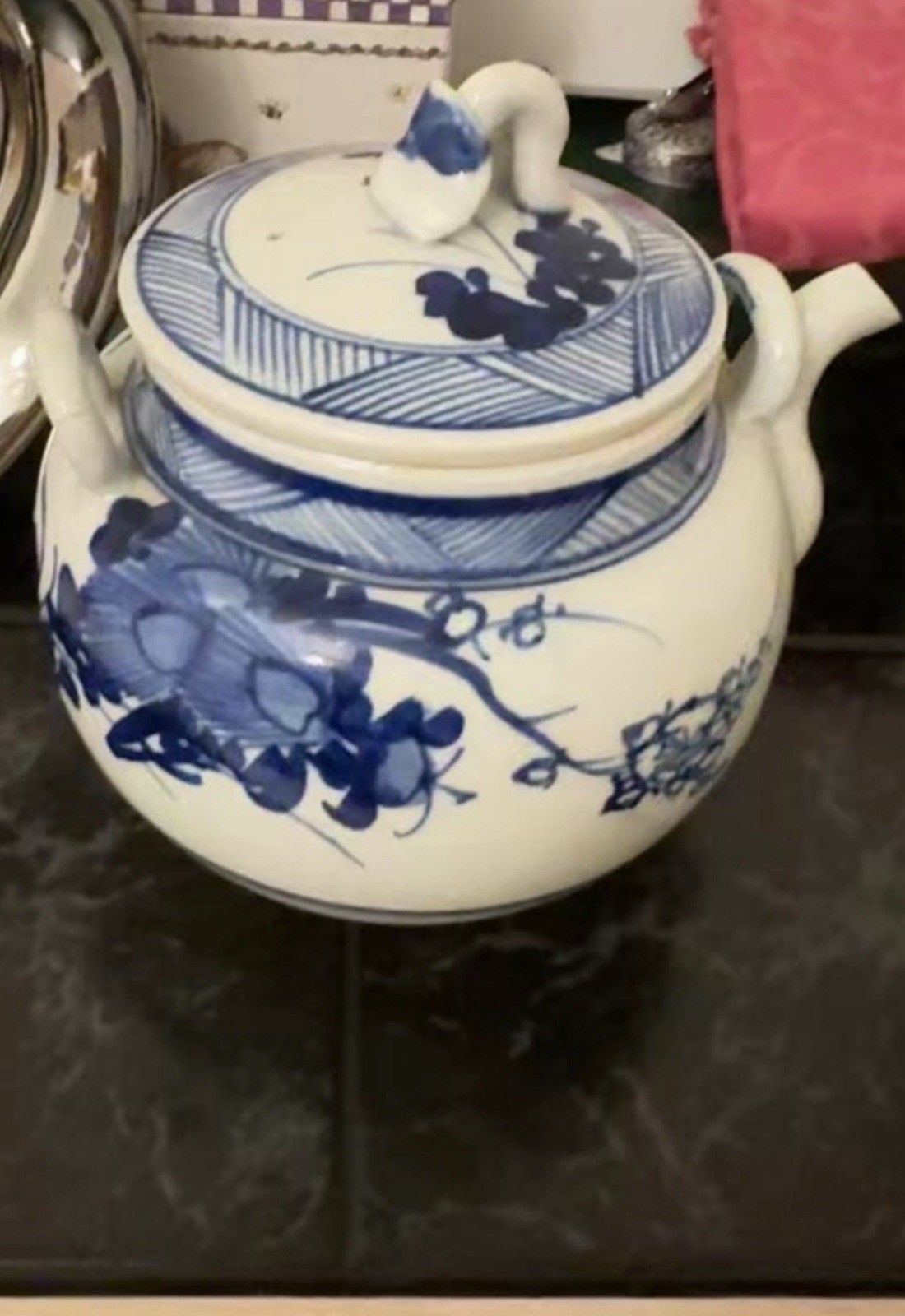 Vintage Large Chinese Blue and White Porcelain Floral Tea Pot C. 1900