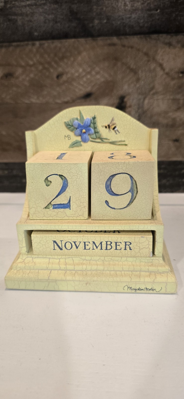 Marjolein Bastin Yellow Perpetual Calendar with Violet & Bee Block Shelf Sitter