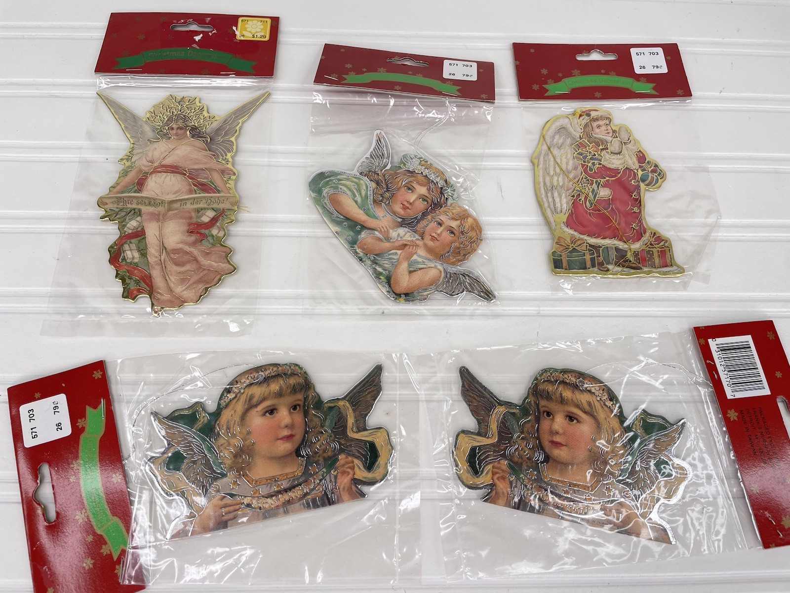 Lot Of 5 Vtg Christmas Ornaments Angels Gold Foil Die-Cut 2 Sided Cardboard NOS