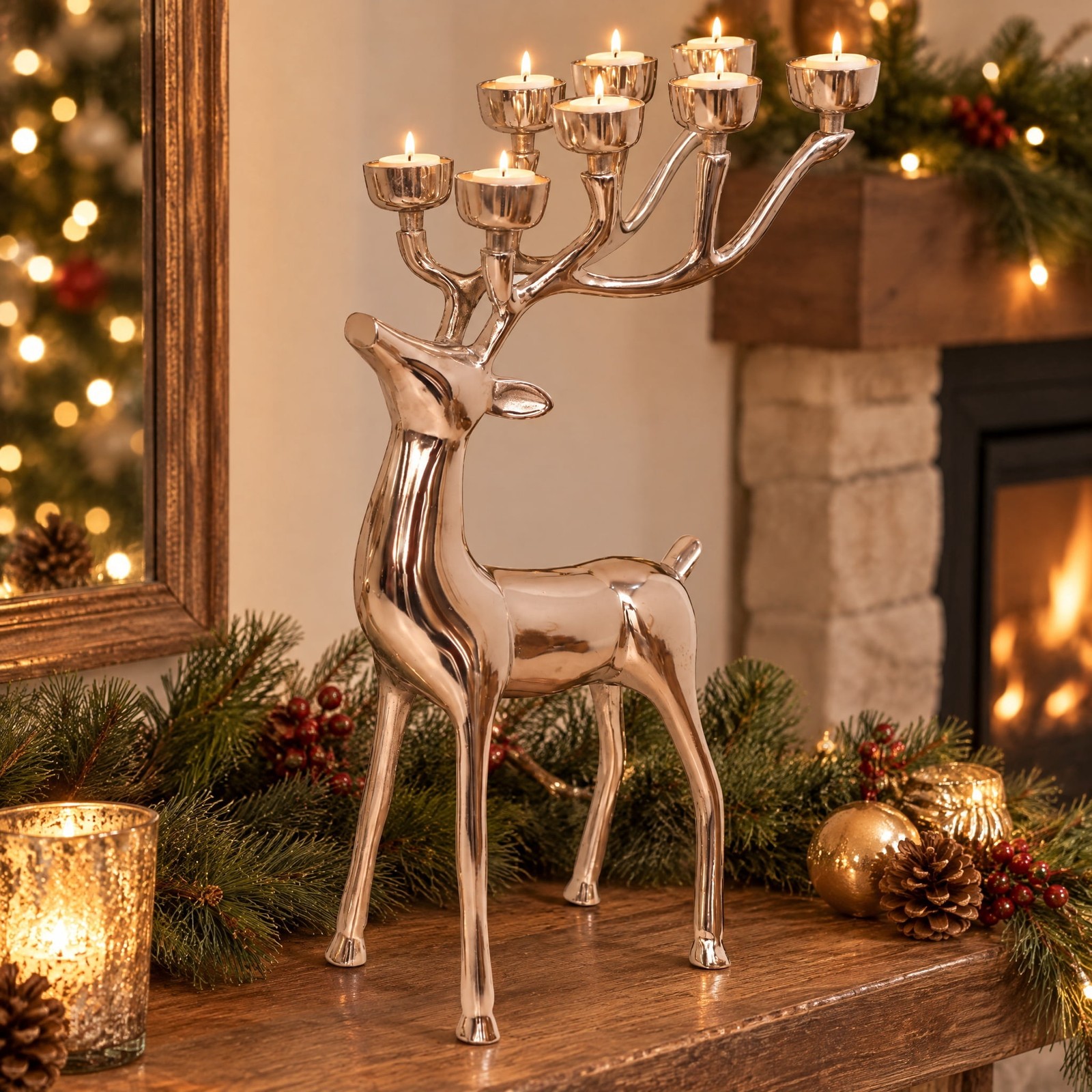 My Texas House Aluminum Standing Reindeer 8 Tealight Candle Holders Silver