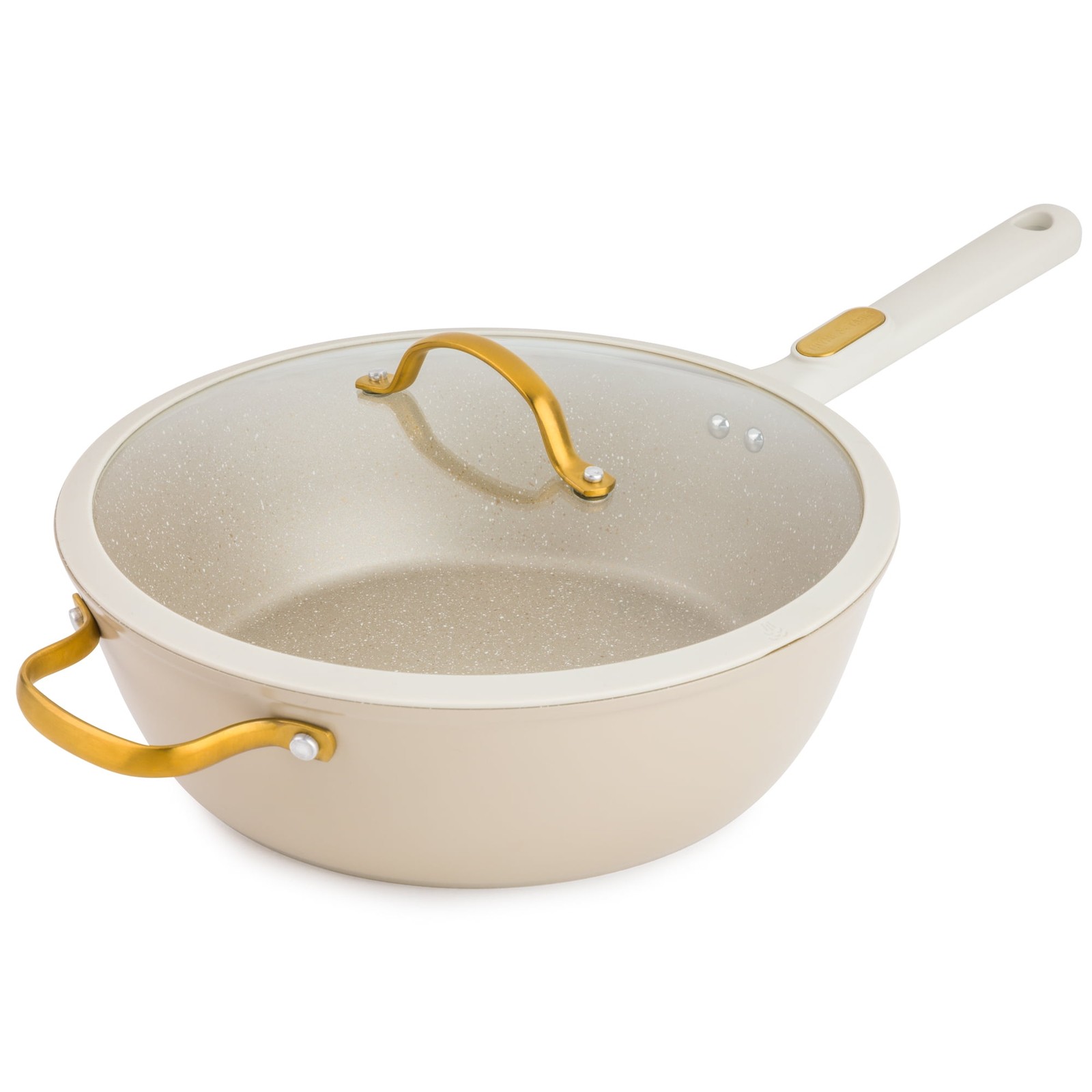 5-Quart Nonstick Aluminum Saute Pan with Glass Lid, Taupe & Gold Finish