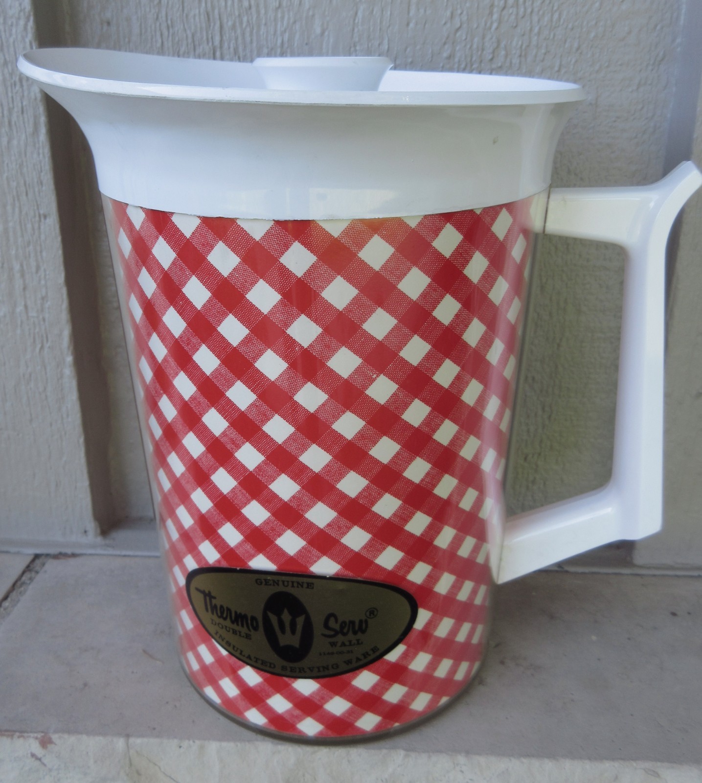 Vintage NOS Thermo-Serv West Bend Red White Gingham Farmhouse Pitcher Kool-Aid