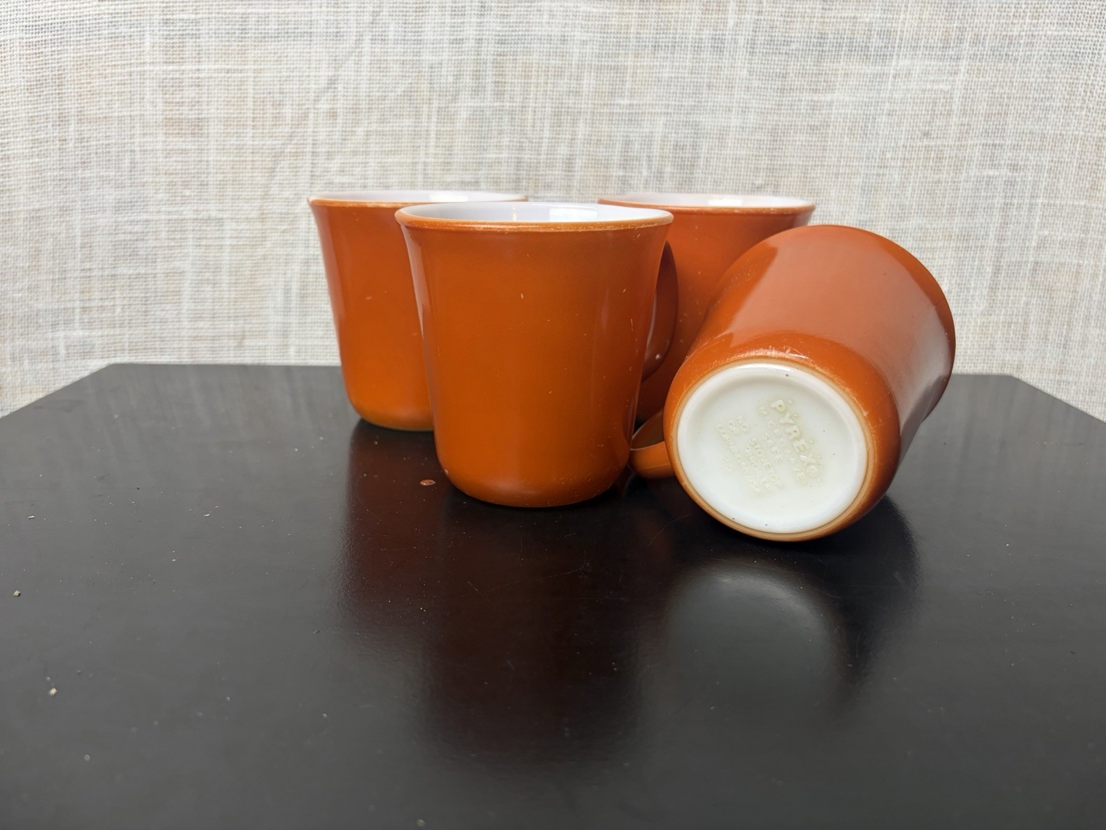 4 Vtg Burnt Orange Milk Glass Coffee Mugs Cups BY PYREX - D Handle Mid Century