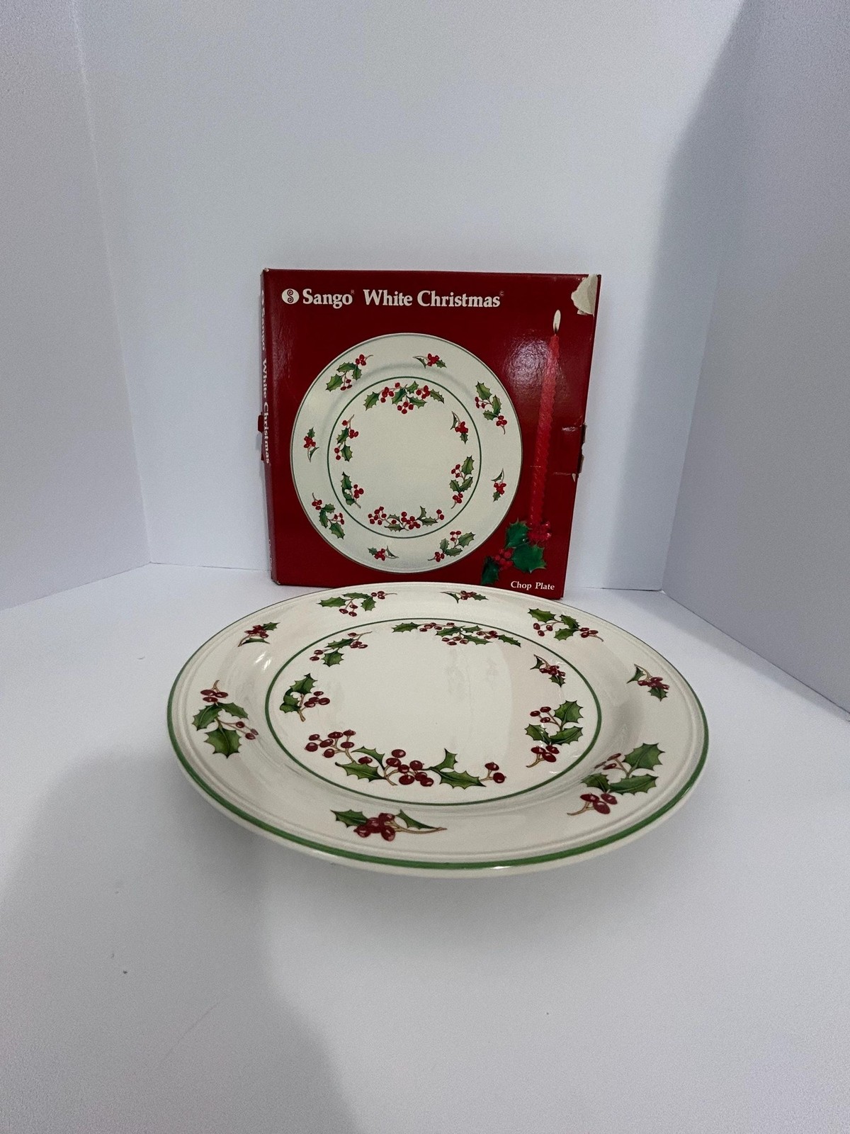 Vintage Sango White Christmas Chop Plate Holly /Berry Serving Platter (Orig.Box)
