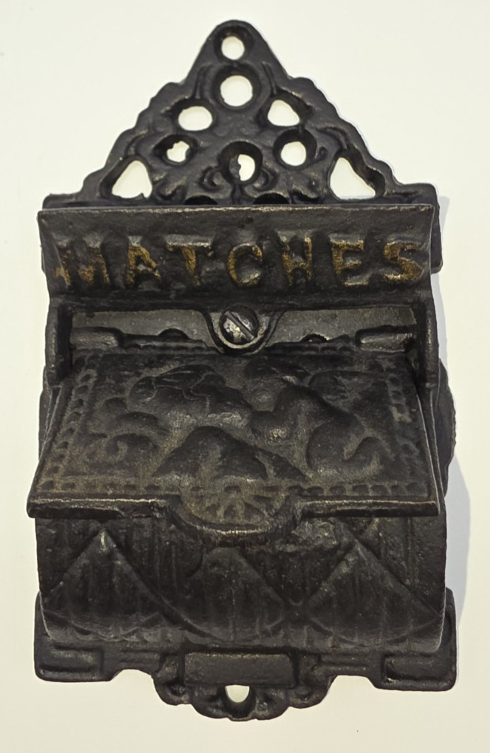 Vtg Cast Iron Match Holder Safe Double Pocket Hinged Lid Venus Cupid Victorian