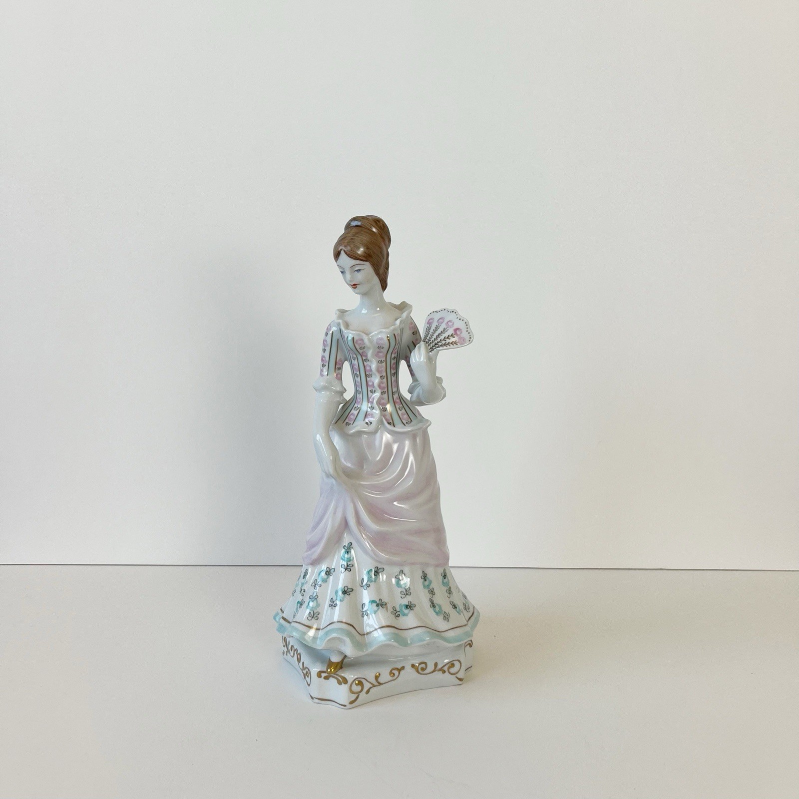Hollohaza Hungary Hand Painted Figurine Woman with Fan Vintage Repaired Hand