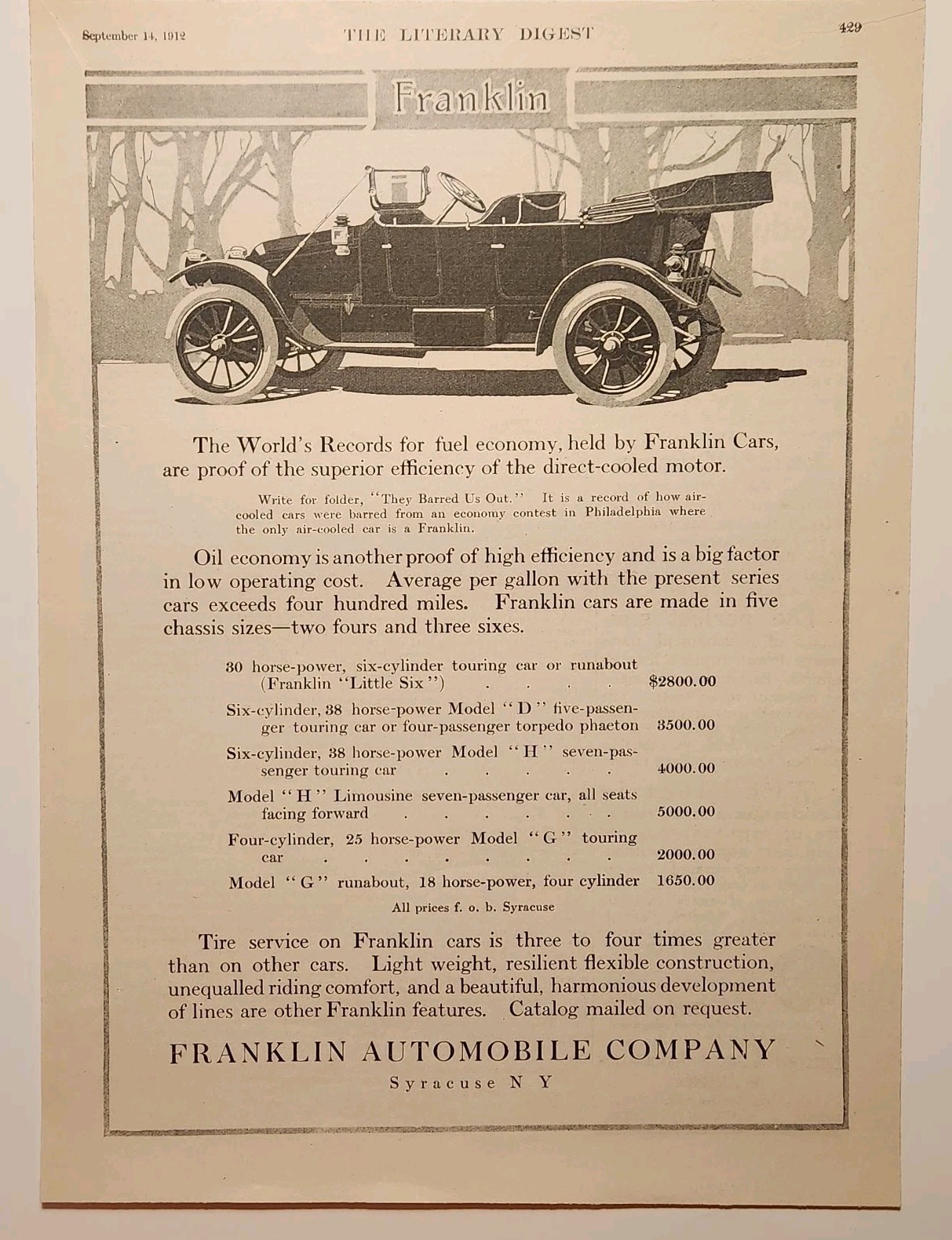 1912 Franklin Automobile Co Model D H G Original Print Ad Ephemera 1900s Vintage