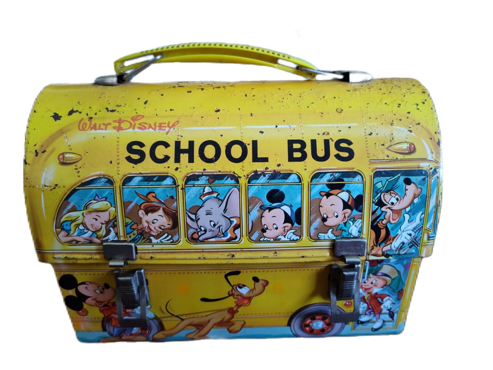Vintage Walt Disney School Bus Metal Lunch Box - No Thermos With Ticket Book
