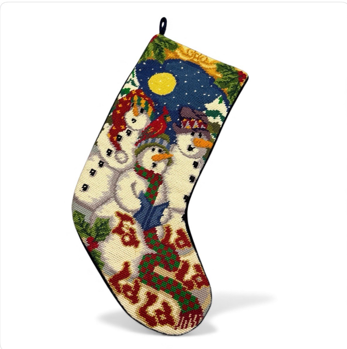 Vintage Snowman Needlepoint Christmas Stocking Caroling Fa La Navy Velvet Back