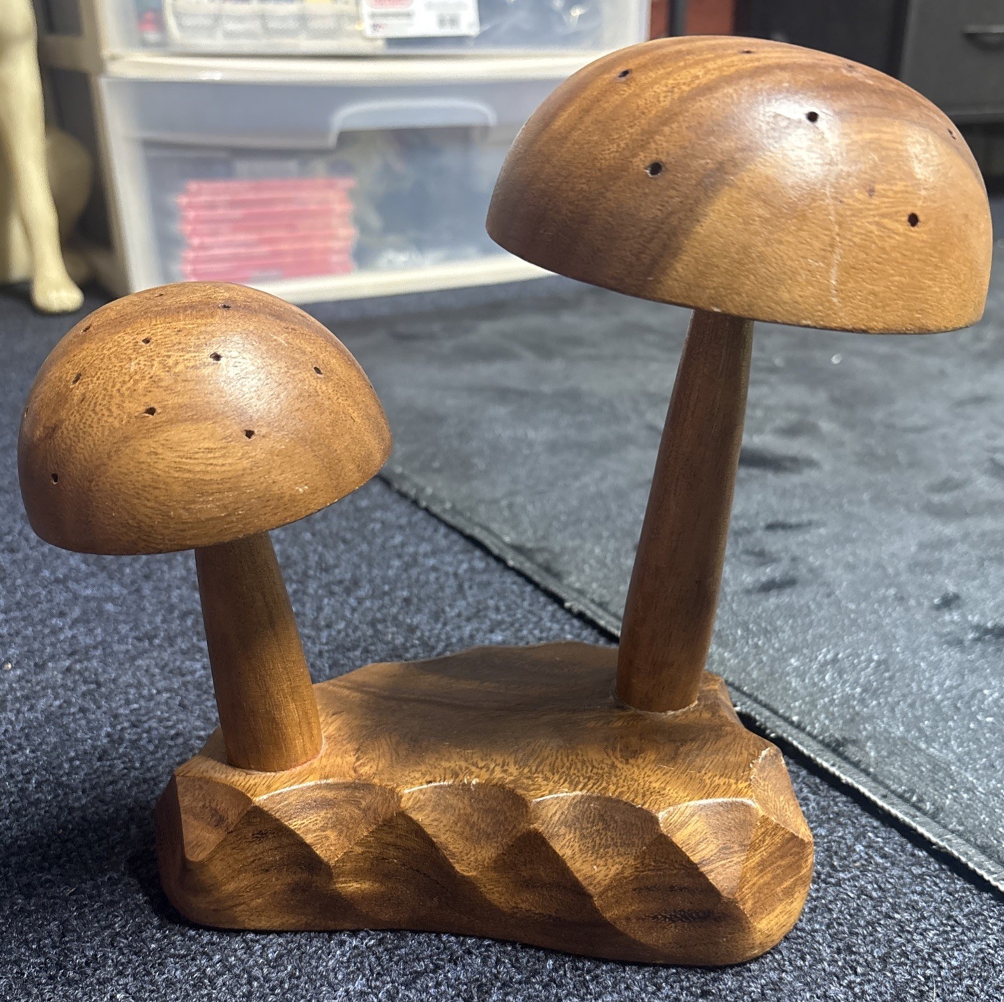 Vintage Mushroom Hors D\'oeuvres Holder Dolpfin Genuine Monkey Pod Wood MCM